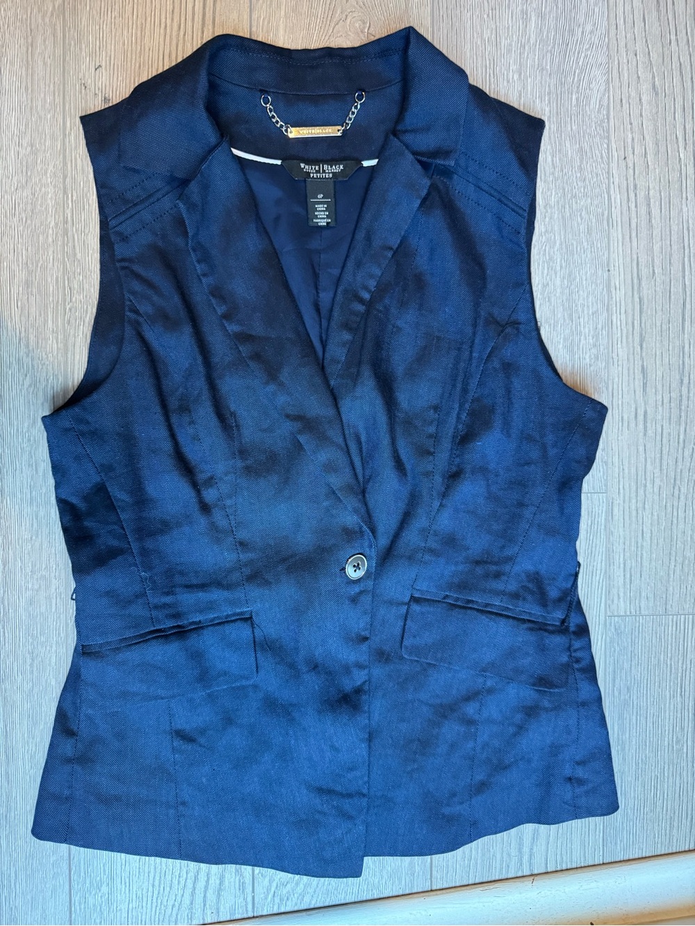White House Black Market Navy Blue Tailored Linen Blend Vest, Size 6P Sleeveless